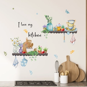 Detail showing watercolor kitchen wall sticker with green plants and cozy decor