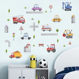 Cartoon vehicle wall decals featuring construction cars and roads for kids bedroom decor