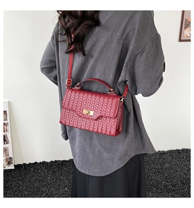 Detail of burgundy woven leather crossbody bag featuring gold metal swivel lock and handle