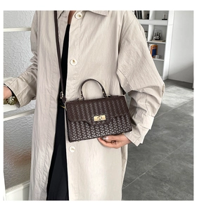Detailed view of dark brown woven texture handbag with golden turn-lock on beige trench coat
