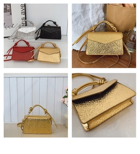 Collage of metallic pleated mini handbags in gold, silver, black, and red with knot handles