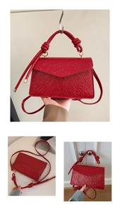 Detailed views of red patent leather crossbody bag with lychee texture and gold buckle