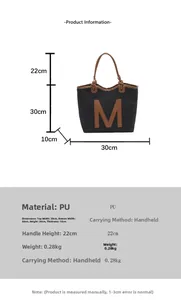 Detailed technical diagram of black tote bag showing dimensions and PU leather M patch