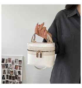 Detail of cream crocodile textured box bag with gold zippers and reinforced top handle