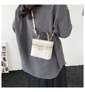 Back view of a model carrying a white crocodile pattern mini box bag with metal zipper
