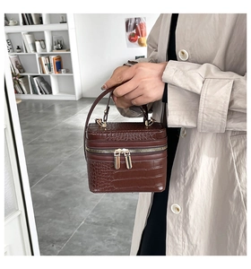 Detail of dark brown croc-embossed box bag with gold double zippers and top handle