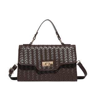 Dark brown woven leather crossbody bag with top handle and golden twist lock