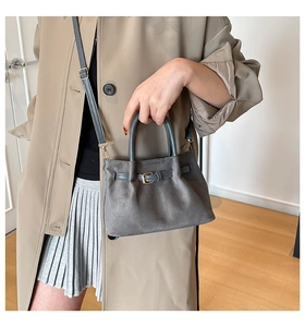 Detailed view of grey suede bucket bag featuring decorative gold buckle and slim strap