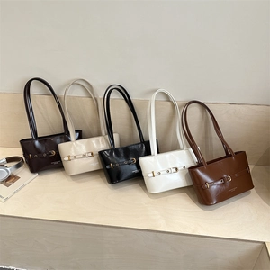 Fashion PU Leather Underarm Bag For Women Minimalist Solid Color Shoulder Tote Bag With Belt Buckle Decoration Daily Handbag