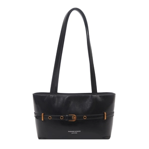 Large black faux leather tote bag with stylish gold buckle belt and glossy finish