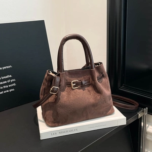Women Retro Suede Look Canvas Bucket Bag Minimalist Contrast Handle Handbag With Adjustable Strap For Daily Commute Office
