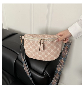 Pink crescent chest bag with letter M pattern and colorful ethnic style wide strap