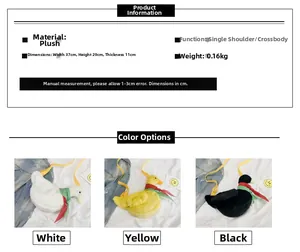 Detailed size chart for the cute duck plush crossbody bag showing dimensions and weight