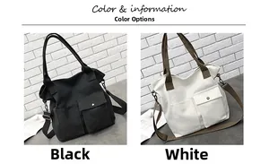 Detailed comparison of black and white canvas tote bags with two front flap pockets