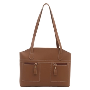 Vintage brown large capacity shoulder bag with white contrast stitching and dual front pockets