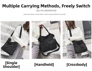 Detail view of black canvas tote bag showing crossbody, shoulder, and handbag styles