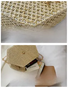 Detail of straw crossbody bag showing high-quality stitching and internal storage capacity