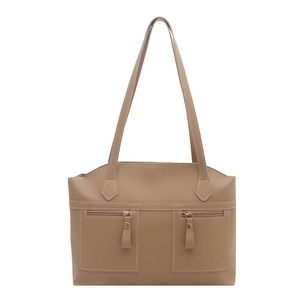 Khaki retro lunchbox tote bag with double zipper pockets and contrast stitching details