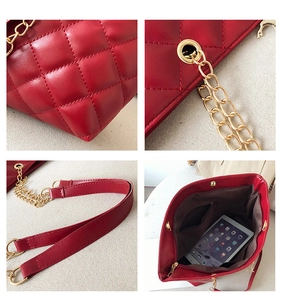 Detailed views of red quilted shoulder bag showing stitching, chain strap and interior space