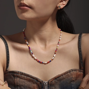 Collier Perles Colorées Bohème Avec Perles D'eau Douce Et Pierre De Verre Acier Inoxydable Bijoux Plage Été
