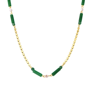 Collana stile bambù con perline di avventurina verde e catena in acciaio inossidabile PVD