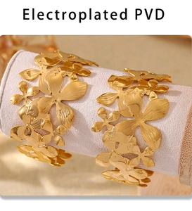 Detailed view of the gold-plated PVD flower cuff bracelet with textured petals