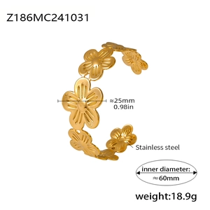 Detail showing dimensions of the gold stainless steel five-petal flower open bangle