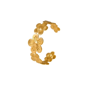 18K gold plated flower pattern open cuff bracelet with adjustable stainless steel design