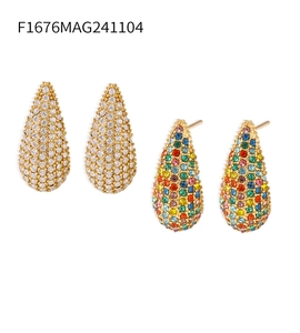 Detail of PVD 18K gold teardrop stud earrings with white and rainbow cubic zirconia