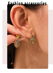 Detail of teardrop earrings in 18K gold plating with vibrant multicolor zircon pavé