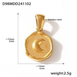 Detail view of a 15mm 18K gold plated stainless steel moon pendant with dimensions