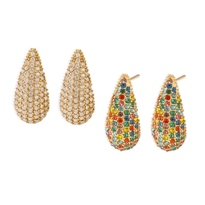 PVD 18K gold plated stainless steel teardrop earrings with colorful pavé cubic zirconia