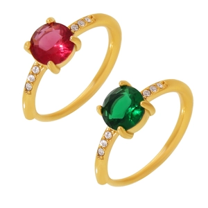 Luxurious adjustable stainless steel rings with red and green zircons in gold plating