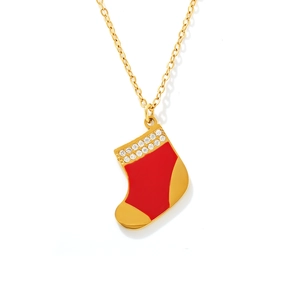 Collier chaussette de Noël avec émail rouge et zircons sur chaîne en acier doré