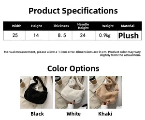 Detailed size specifications for the stylish plush shoulder bag in three available colors