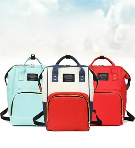 Front view of multi-functional diaper bags in mint green, red and blue-white colors