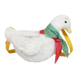 Cute white plush cartoon duck shoulder bag with yellow straps and red scarf