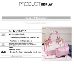 Detailed view of the 2-in-1 transparent PVC tote bag with a pink inner PU pouch and metal buckle