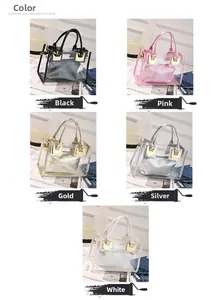 Selection of transparent PVC tote bags with inner pouches in black, pink, gold, silver and white