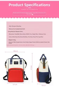 Detailed size chart of the tricolor diaper backpack with bottle insulation pockets