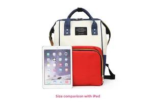 Detailed size comparison of the multicolor backpack next to a tablet showing capacity