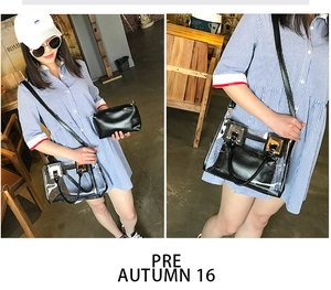 Dettaglio borsa a mano trasparente in PVC con pochette interna nera e chiusura in metallo
