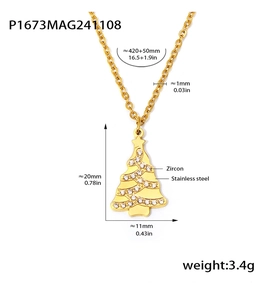 Detailed view of gold stainless steel Christmas tree pendant with zircon stones