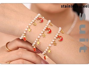 Three-piece stainless steel pearl bracelet set featuring colorful Christmas charms