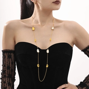 Long Necklace Stainless Steel Natural White Sea Shell Geometric Inlay PVD Gold Plated Sweater Chain Elegant Women