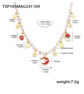 Detailed view of Christmas pearl necklace showing length 400mm and festive pendants