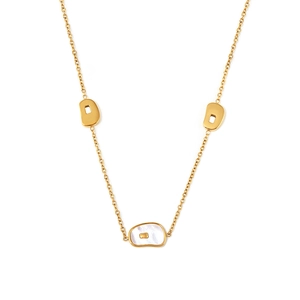 Gold stainless steel necklace with organic pendants and white shell inlays on white background