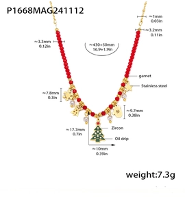 Detailed view of red bead necklace with gold stainless steel Christmas charms and dimensions