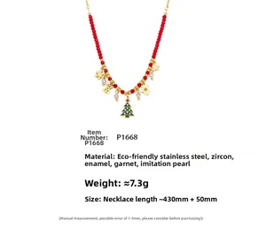 Macro shot of stainless steel Christmas necklace with colorful charms and garnet beads