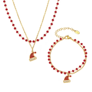 Set gioielli di Natale con collana dorata, perline di granato e zirconi in acciaio